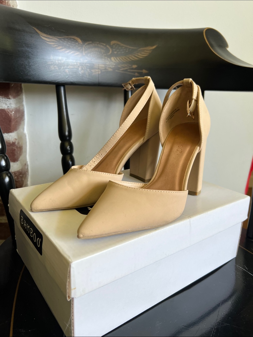 BAMBOO Nude Pointed-Toe Ankle-Strap Block Heels